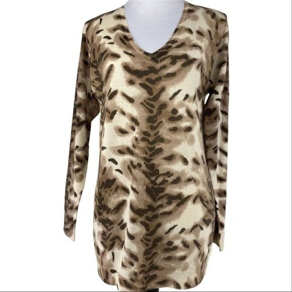 Adrienne Vittadini Women's Tan Animal Print Wool V-Neck Tunic‎ Sweater M/C38 - Picture 1 of 9